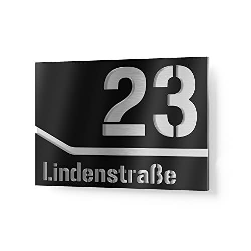 Graviers Design Hausnummernschild aus V2A Edelstahl 160x110 - Schwarz - Wetterfest Rostfrei Individuell anpassbar mit eigener Nummer Straße - Made in Germany von Graviers Design