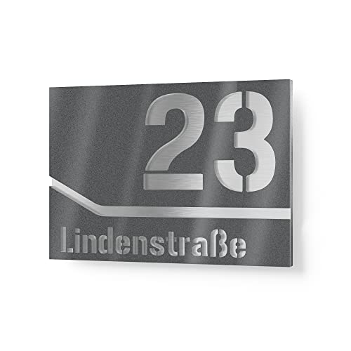 Graviers Design Hausnummernschild aus V2A Edelstahl 380x264 - Anthrazit Metallic - Wetterfest Rostfrei Individuell anpassbar mit eigener Nummer Straße - Made in Germany von Graviers Design