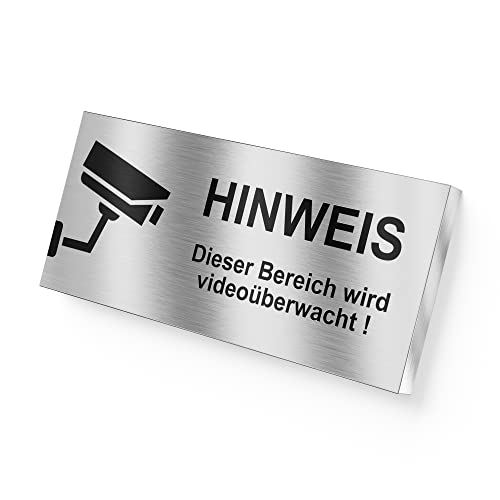 Graviers Hinweisschild aus rostfreiem Edelstahl mit Gravur in Edelstahl - Bereich wird videoüberwacht Warnschild für Videoüberwachung Kameraüberwachung 8,5 x 3 cm - selbstklebend oder Bohrlöcher von Graviers Design