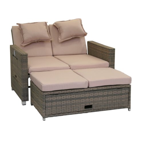 greemotion Rattan-Lounge Bahia Twin, Sofa & Bett aus Polyrattan, indoor & outdoor, 2er Garten-Sofa mit Stahl-Gestell, Daybed zweigeteilt, grau-bicolor, ca. 118 x 99 x 86 cm von Greemotion