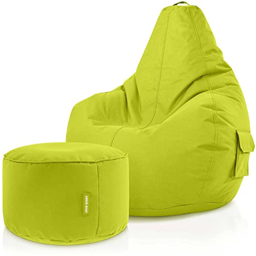Green Bean© 2er Set Sitzsack + Hocker - fertig befüllt - robust waschbar schmutzabweisend - Kinder & Erwachsene Bean Bag Bodenkissen Lounge Sitzhocker Relax-Sessel Gamer Gamingstuhl Pouf - Hellgrün von Green Bean