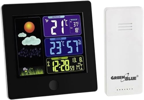 GreenBlue GB521B Funk Wetterstation mit Außensensor Kalender Hygrometer Thermometer DCF Uhr Wecker Batterie und Netzbetrieb Schwarz von Green Blue