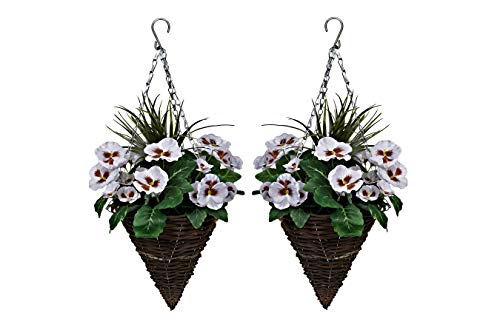 2 x Künstliche Kegelförmige Blumenampeln mit Weiß Blumen Und Dekorative Gräser (Set von 2) von GreenBrokers