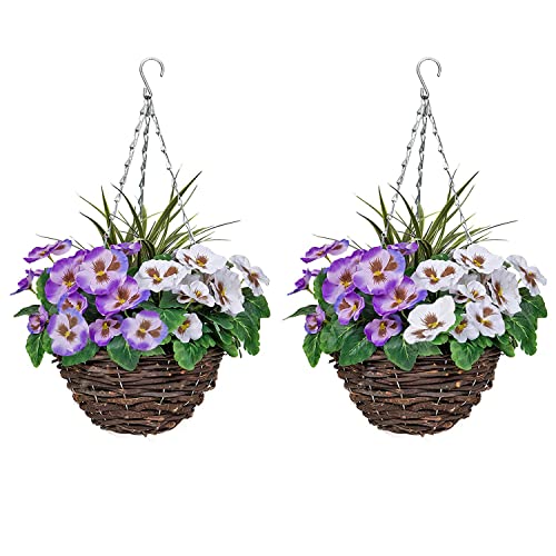 Blumenampeln - Korb mit Kunstblumen in Lila und Weiß und dekorativen künstlichen Gräsern - 2 Stück von GreenBrokers