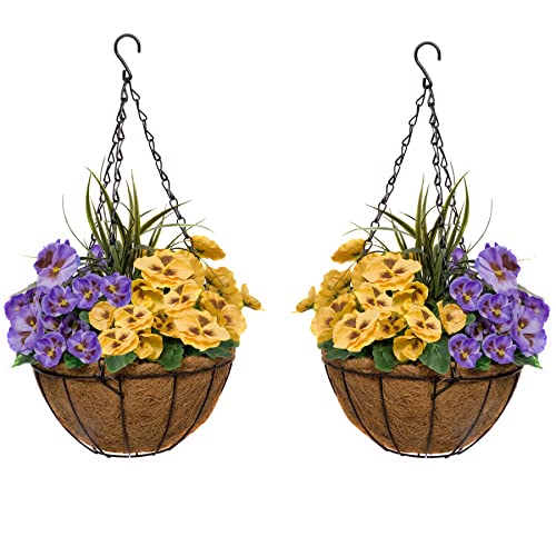 GreenBrokers Hängekörbe aus Kokosfaser mit gelben und lila Blumen und dekorativen Gräsern (2 Stück) von GreenBrokers