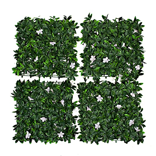 GreenBrokers Künstliche grüne Wandhecke mit dunklem Laub und weißen Blüten (4 Stück), UV-stabil, vertikaler Garten von GreenBrokers