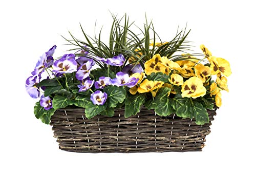 GreenBrokers Blumenkasten, künstlich, Rattan, Stiefmütterchen und Gräser, Höhe 38 cm, Länge 49 cm, Violett/Gelb von GreenBrokers