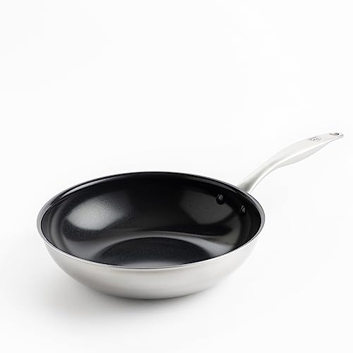 GreenChef Profile Plus Gesunde Keramik Antihaft-Edelstahl 28 cm/3,6 Liter Wok, PFAS-frei, Induktion, Strapazierfähig, Backofenfest bis zu 200˚C, Silber & Schwarzes Interieur von GreenChef