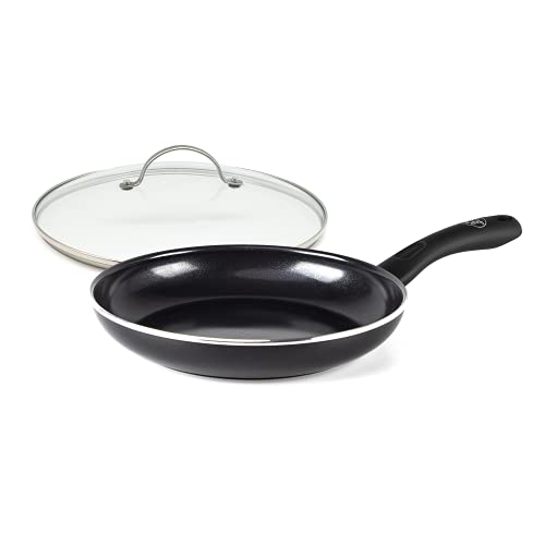 GreenChef Pfanne Bratpfanne Induktion Keramik Beschichtet, Toxinfreies Kochen, Ofen- und Spülmaschinengeeignet mit Universal Glasdeckel für Bratpfanne und Kochtopf mit Edelstahl Griff - 28 cm, Schwarz von GreenPan