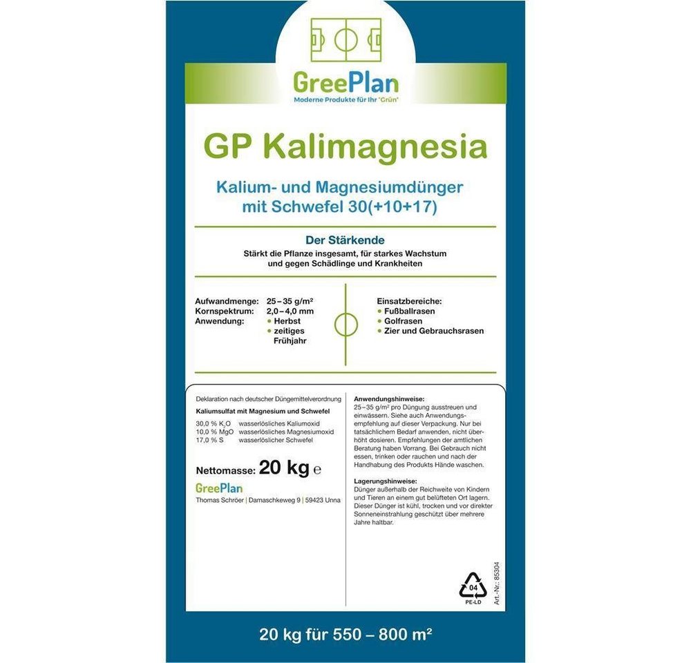 GreenPlan Gemüsedünger Kalimagnesia Kalidünger mit Magnesium 20kg 500-1000 m² KMgS-Dünger von GreenPlan