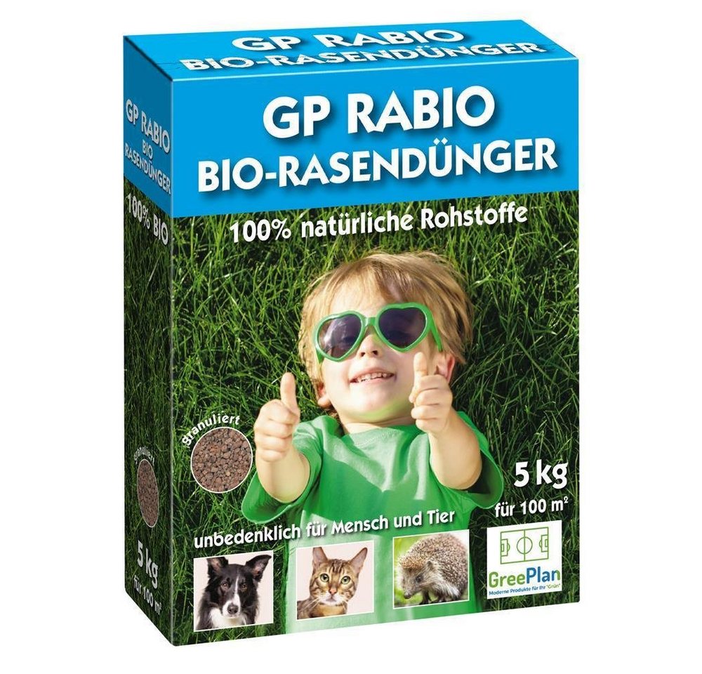 GreenPlan Rasendünger Rabio Biologisch 5kg Karton 100 m² NPK-Dünger 9+3+6 von GreenPlan
