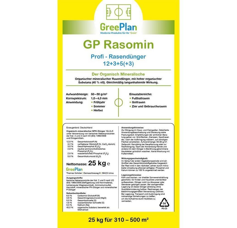 GreenPlan Rasendünger Rasomin Profi 25kg Sack 310-500 m² NPK-Dünger 12+3+5(2)+Fe von GreenPlan