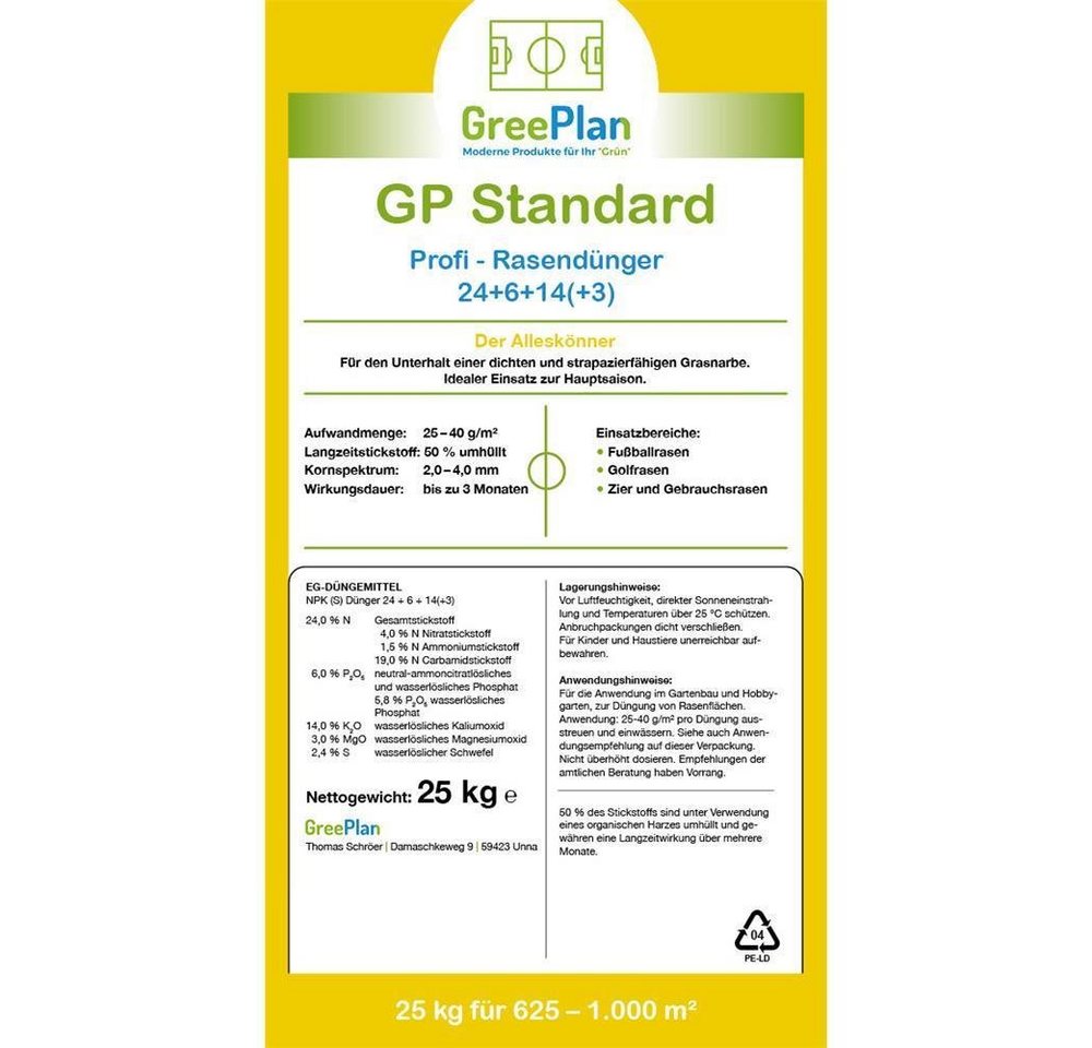 GreenPlan Rasendünger Standard Profi 25kg Sack 625-1000 m² NPK-Dünger 24+6+14(3) von GreenPlan