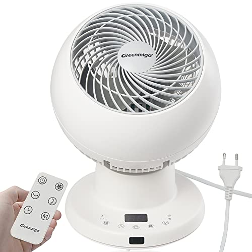 Greenmigo Turbo Ventilator Leise Tischventilstor DC Motor mit 5 Geschwindigkeiten,8h Timer und Fernbedienung,3D Luftzirkulator Ventilator Lüfter Leise für Büro Wohnzimmer Schlafzimmer von Greenmigo