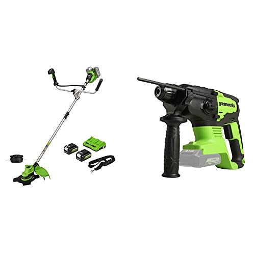 Greenworks Akku-Rasentrimmer+Akku-Schlagbohrer GD24SDS2 (Li-Ion 24V 10.000 U/min max. Geschwindigkeit 2 Joule Drehmoment 4in1 Funktion mit Sicherungs und Rotationsstop von Greenworks