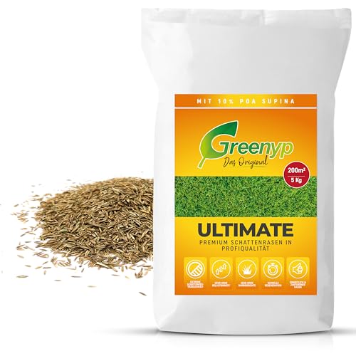 Greenyp Ultimate I Premium Schattenrasen mit 10% Poa Supina I Nachsaat Grassamen Rasensamen Rasensaat Gras für besonders schattige Plätze (200m² / 5kg) von Greenyp Das Original