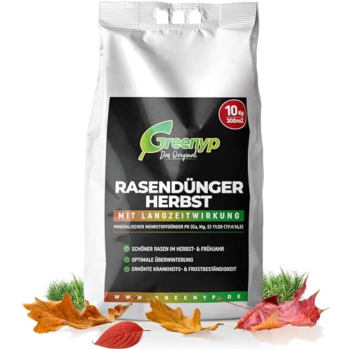 Greenyp Herbstrasendünger Langzeit (20kg / 600m²) I mit 90 Tage Langzeitwirkung + extra Kalium I macht den Rasen Winterfest & Tiefgrün I Herbstdünger Rasen Rasendünger Herbst von Greenyp Das Original