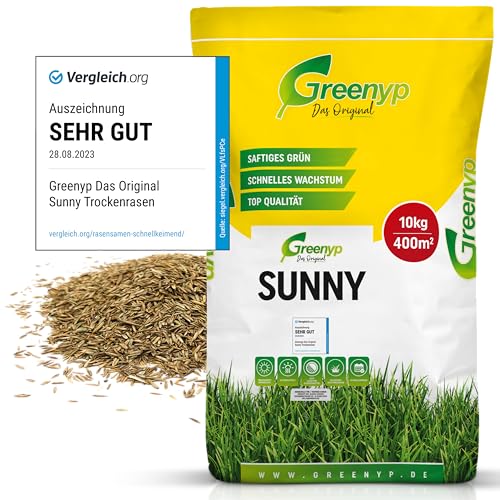 Greenyp® Sunny I dürreresistenter Trockenrasen I 10kg für 400m² I Grassamen Rasensamen Rasensaat Gras Nachsaat schnellkeimend von Greenyp Das Original