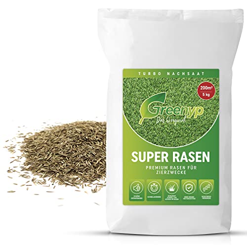 Greenyp® Super Rasen I sattgrüner Premium Zierrasen Nachsaat I Traumrasen Grassamen Rasensamen Rasensaat Gras besonders dichtwachsend 5kg für 200m² von Greenyp Das Original