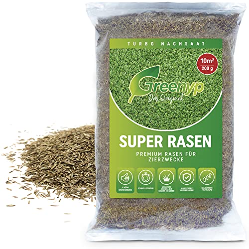 Greenyp® Super Rasen I sattgrüner Premium Zierrasen Nachsaat I Traumrasen Grassamen Rasensamen Rasensaat Gras besonders schnellkeimend 0,2kg für 10m² von Greenyp Das Original
