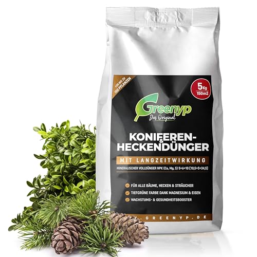 Greenyp Universal Heckendünger I 5kg für 150m² I für alle Bäume, Sträucher & Hecken I Koniferen Langzeitdünger mit Extra Eisen + Magnesium und 3 Monate Düngekraft I Schnelles Wachstum Neuanpflanzungen von Greenyp Das Original