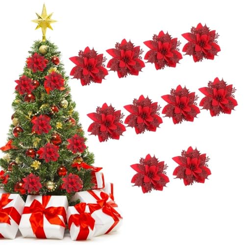 10Stück Weihnachten Baum Blumen,Weihnachtsstern Künstlich Dekorationen,14cm Weihnachtsbaum Kränze Girlande Dekoration Glitter Blumen Picks Dekor für Weihnachten Neujahr Hochzeit Party Ornamente von Greenyre