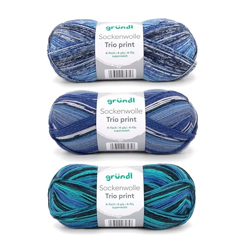 Gründl Sockenwolle Trio Strickset aus 3 x 100 g Sockengarn (75% Schurwolle (superwash), 25% Polyamid) + Anleitung, blau grün von Gründl