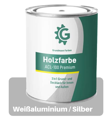 GRUNDMANN Holzfarbe - 0,7 Kg Holzlack Silber - 3in1 inkl. Grundierung - Seidenmatt - Wetterfest für Innen & Außen - RAL 9006 Weißaluminium von Grundmann Farben