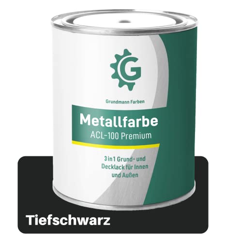 GRUNDMANN Metallfarbe - 3 Kg Seidenmatt- 3-in-1 Metallschutzlack inkl. Rostschutz und Grundierung - RAL 9005 Tiefschwarz von Grundmann Farben