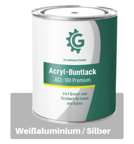 Grundmann Lack - 0,7 Kg - Acryllack auf Wasserbasis Silber - Für Holz, Metall & Beton - Silber RAL 9006 Weißaluminium von Grundmann Farben