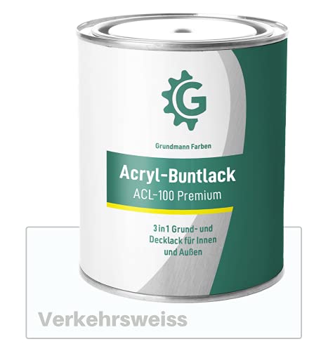 Grundmann Lack - 0,7 Kg - Acryllack auf Wasserbasis Weiß - Für Holz, Metall & Beton - Verkehrsweiß RAL 9016 von Grundmann Farben