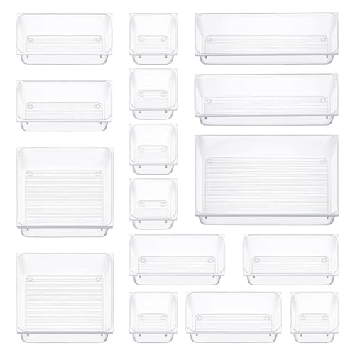 Gucass 16 Stk Schminktisch Organizer mit 5 Größen, Kunststoff Schubladen Ordnungssystem Veranstalter Schubladen Organizer, Transparent Makeup Organizer Aufbewahrungsboxen für Küchen, Bad, Büro von Gucass