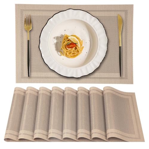 Gucass 8er Set Platzset Abwaschbar, rutschfest PVC Tischsets Gewebte Platzdeckchen, Abgrifffeste Hitzebeständig Tischmatte, Platz-Matten für Küche Restaurant Speisetisch, 45cmx30cm(Beige) von Gucass