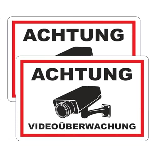 2St Schild Videoüberwachung Videoüberwachung, 20x 15 cm aus extra stabiler PVC Kunststoff-Platte, Schild Kameraüberwachung Achtung Mit Selbstklebend, für Grundstück, Haus, Garten & Baustelle von Guidre