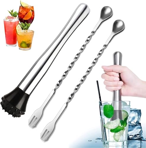 30cm Edelstahl Stößel für Cocktail,professioneller Getränkemixer,32cm Barlöffel,Longdrinklöffel,Mixer-Stößel aus Edelstahl,Cocktaillöffel,Stössel Cocktails Muddler Barstößel Cocktailrührer Pack of 3 von Guidre