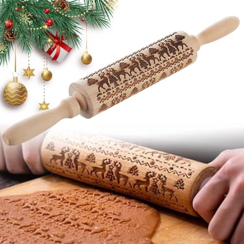 Weihnachten Präge Nudelholz, Weihnachten Geprägt Teigroller mit Muster 3D Holz Nudelhölzer mit Prägung Hirsch DIY Küchenwerkzeug Backzubehör für Keksen Fondant Nudelteig von Guidre
