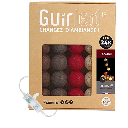 GuirLED - LED Baumwollkugeln Lichterkette USB - Baby Nachtlicht 2h - Dual USB 2A Netzteil enthalten - 3 Intensitäten - 24 Kugeln 2.4m - Mahagoni von GuirLED