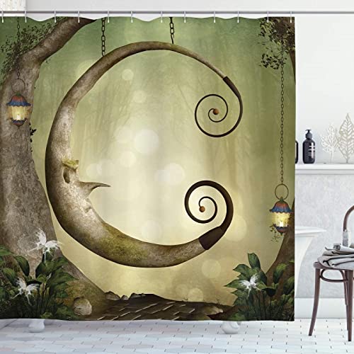 Cartoon Duschvorhang, Forest Secret Swing Old Tree Curly Half Moon Shaped Lamps Butterflys Print Cloth Fabric Bathroom Decor 165x214cm/65x84in(WxH) von Guying Art