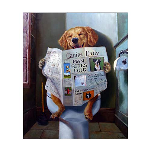 Malerei auf Leinwand Lustige Tier Lächeln Hund Lesen Zeitung Wandkunst Poster für Badezimmer Toilette Dekoration Bild 60x80cm (24x31in) Rahmenlos von Guying Art