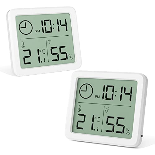 Gvolatee 2 stück Mini Digital Thermometer, Professionelles Tragbares Großbild Hygrometer mit Uhr, Genaues Weißes Zimmerthermometer, Raumthermometer für Zuhause, Babyzimmer, Büro, Gewächshaus von Gvolatee