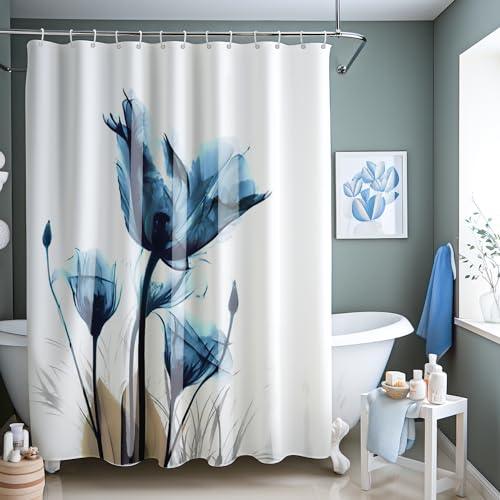 HOMEWINS Duschvorhang 180 x 200 cm Polyester Wasserdicht Schimmelresistent Anti-Bakteriell Badvorhang mit 12 Duschvorhangringen-Blaue Blüten von H HOMEWINS