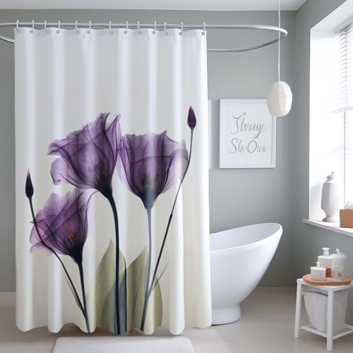 HOMEWINS Duschvorhang 180 x 200 cm Polyester Wasserdicht Schimmelresistent Anti-Bakteriell Badvorhang mit 12 Duschvorhangringen-Lila Blüten von H HOMEWINS