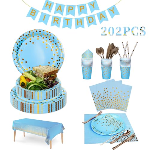 H HOTMARS 202Stück Himmelblaugold Partygeschirr Set,Party Geschirrset,Einweggeschirr Pappteller Geburtstag Partys Set mit Teller Becher,Servietten,Tischdecke für Hochzeiten,Jubiläums(25 Gäste) von H HOTMARS