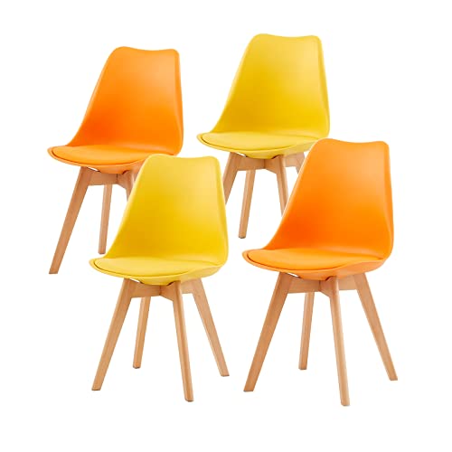 H.J WeDoo 4er-Set Esszimmerstühle, skandinavisch, Design Küchenstühle, mit Lederkissen und Beinen aus massivem Buchenholz, gelb + orange von H.J WeDoo