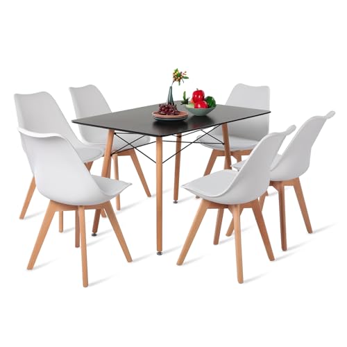 H.J WeDoo Esstisch-Set mit 6 Stühlen, rechteckiger Esstisch 110 cm, geeignet für Esszimmer, Küche, Wohnzimmer | Schwarzer Tisch + weiße Stühle von H.J WeDoo