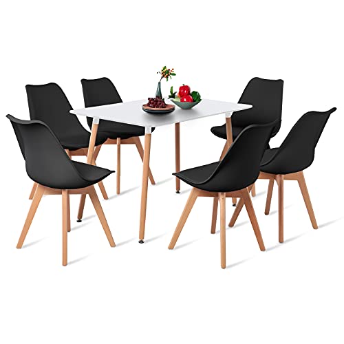 H.J WeDoo Esstisch mit 6 Stühlen, rechteckiger Esstisch 110 cm, geeignet für Esszimmer, Küche, Wohnzimmer | weißer Tisch + schwarze Stühle von H.J WeDoo
