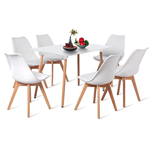 H.J WeDoo Esstisch mit 6 Stühlen, rechteckiger Esstisch 110 cm, geeignet für Esszimmer, Küche, Wohnzimmer | weißer Tisch + weiße Stühle von H.J WeDoo