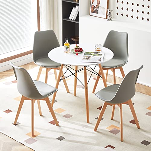 H.J WeDoo Rund Tisch und Stühle Set Esszimmergruppe, Essgruppe Weiß Tisch mit 4 Grau Stühlen für Esszimmer Küche Wohnzimmer von H.J WeDoo