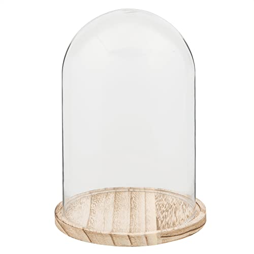 HAES DECO - Dekorative Glasglocke mit hellbraunem Holzsockel - Glaskuppel Durchmesser 15 cm und Höhe 23 cm - Dekorative Glashaube als Tischdeko - Transparent Glasglocke - ST021691 von HAES DECO