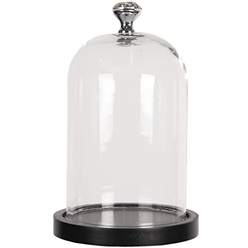 HAES DECO - Dekorative Glasglocke mit schwarzem Holzsockel, silberfarbenem Knauf - Glaskuppel Durchmesser 12 cm und Höhe 19 cm - Dekorative Glashaube als Tischdeko - Transparent Glasglocke - ST025431 von HAES DECO